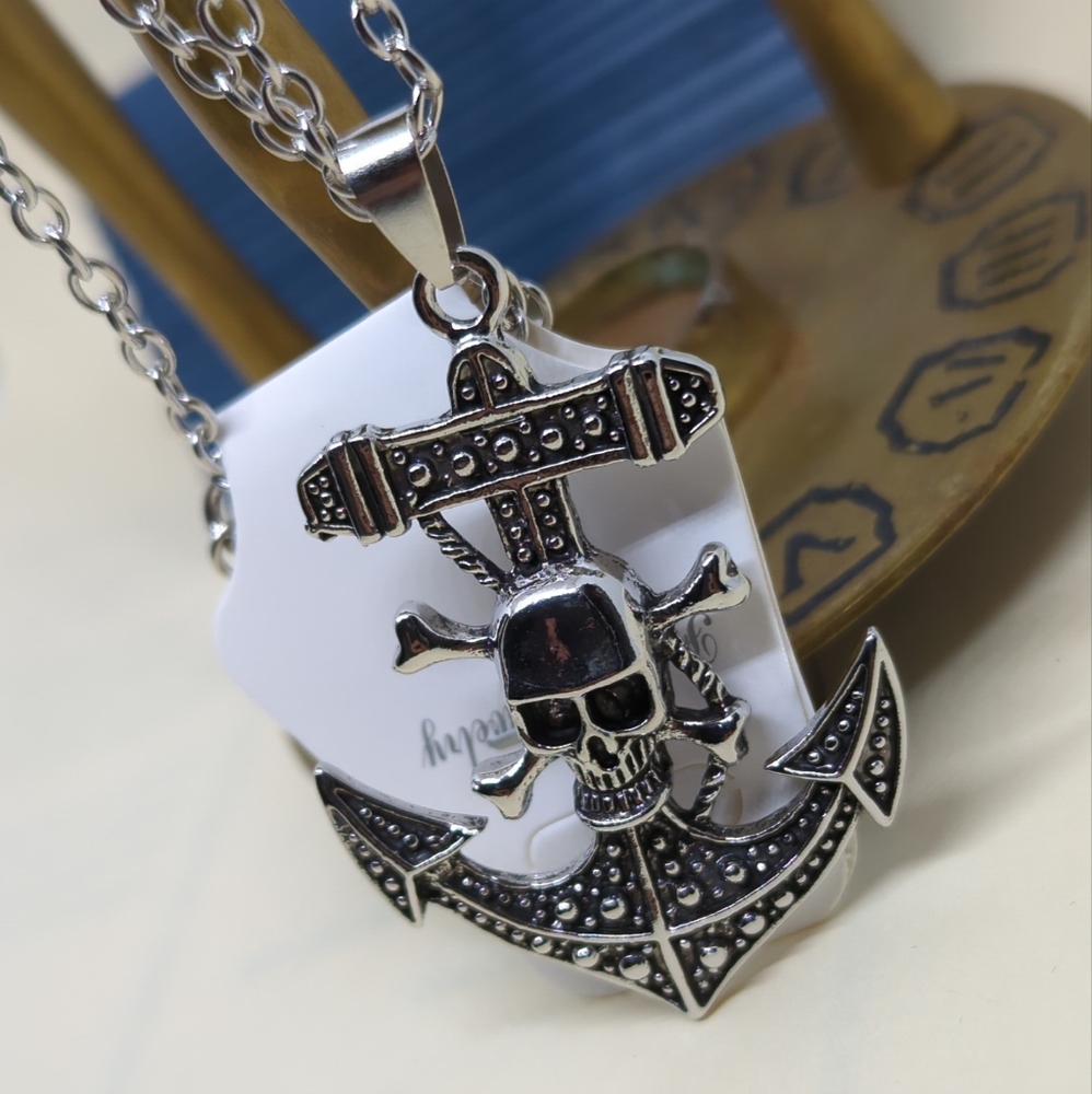 ⚓Anchor w/Skull Pendant Oxidized Gothic Pirate Nautical 20" Chain NWT